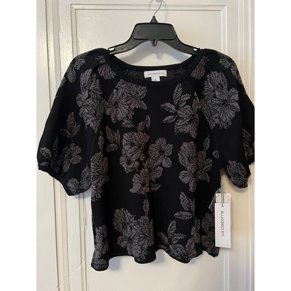 Black sweater silver black floral new with tags Liz Clairborne